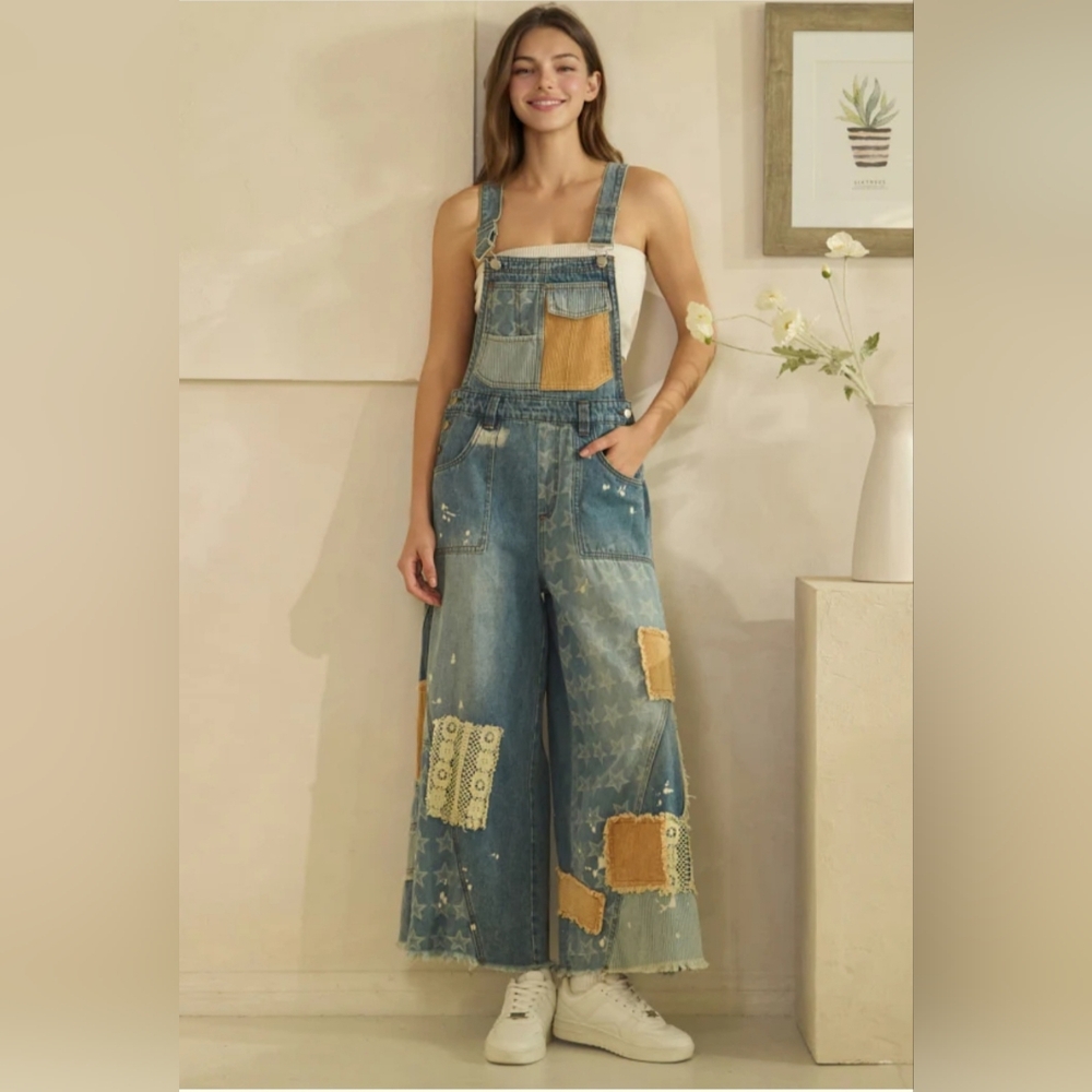 #1374 Oli & Hali Boho Starlight Patchwork Wide-Leg Denim Overalls - Picture 1 of 8